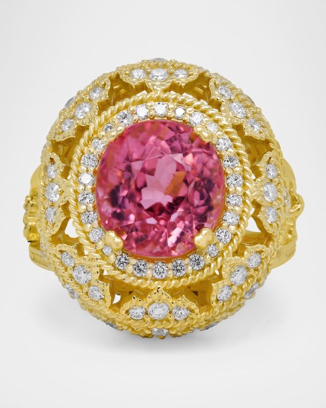 18K Yellow Gold Ring with White Diamonds and Rubellite Center